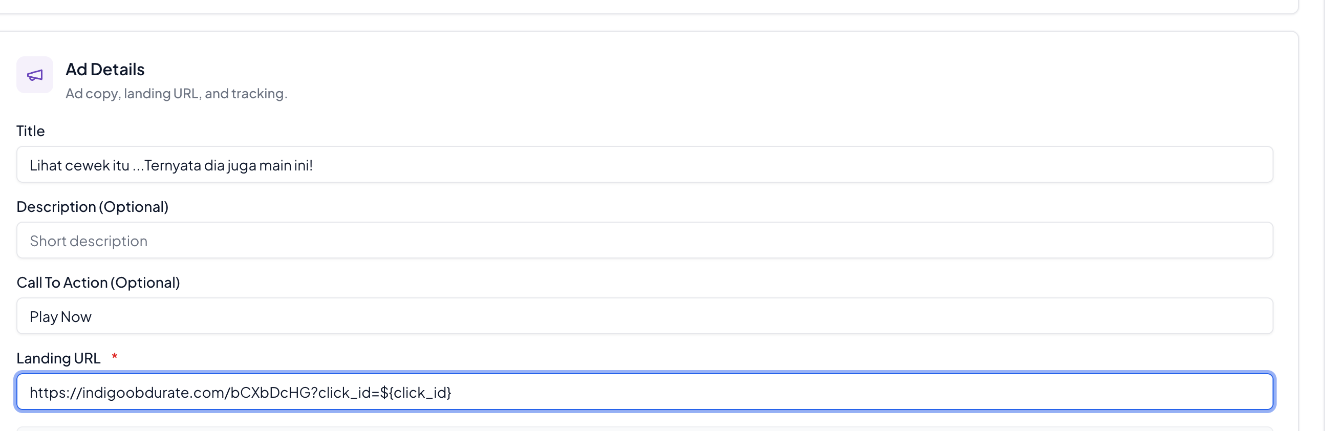Screenshot of the Ad Details form in the Digibid console: the Landing URL field contains a URL carrying the click_id macro, in the form https://…?click_id=${click_id}